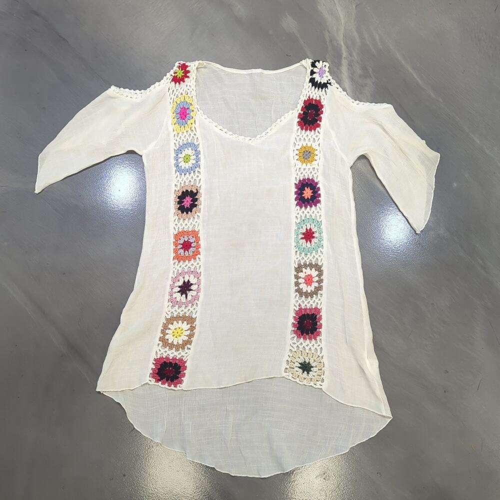 Size S, 4 Boho Crochet Granny Square Shoulder Tunic Blouse White Gauzy Festival